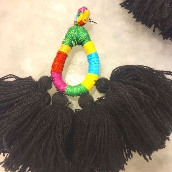 NWT Mochi Hallu Statement Tassel Woven Black Boho Fringe Crochet Big Earrings - Picture 2 of 8